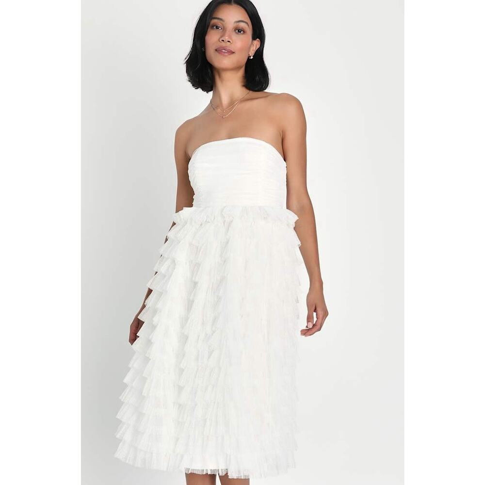 NWT‎ Lulus Prepare To Party Mesh Swiss Dot Ruched Tiered Midi Dress White Size M